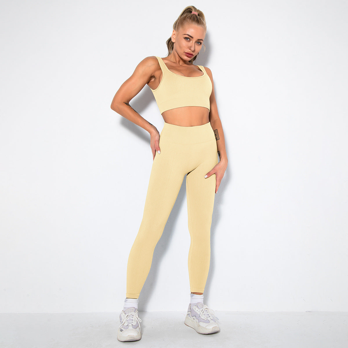 Knitted solid color sports bra + Legging 2-piece set