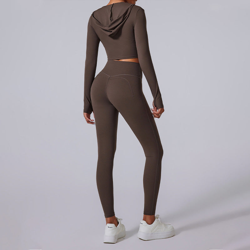 long sleeve hooded sports top + high waist leggings 2-piece set