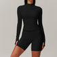 Long sleeve and half zipper top + High-waisted shorts 2-piece set