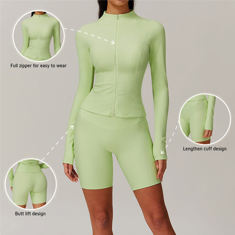 stand collar Full Zipper Fitness jacket + High waist shorts 2 piece set