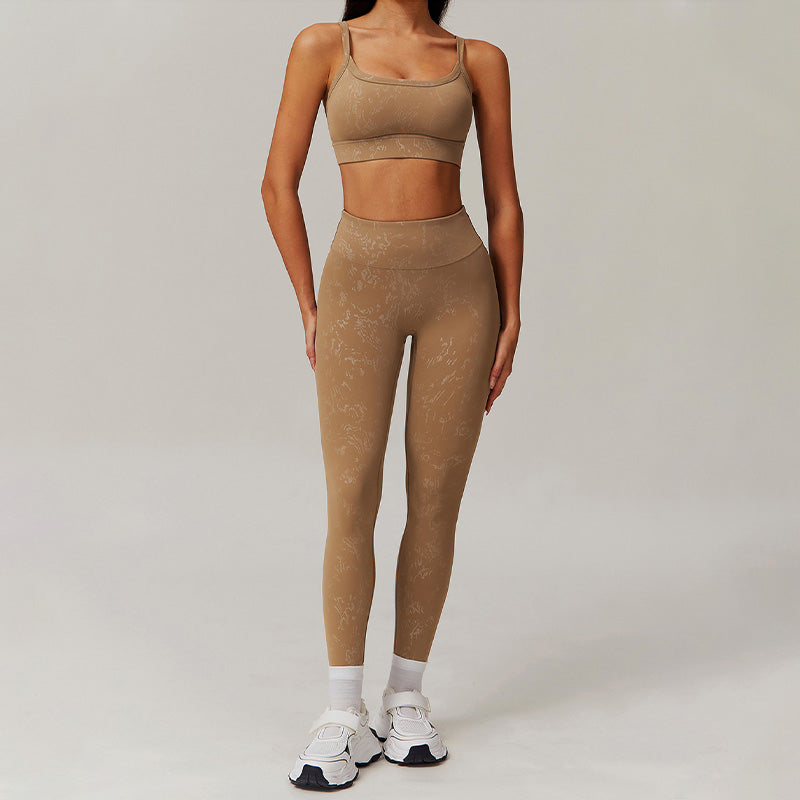 gold stamping Thin straps sports Bra + High-waist leggings 2-piece set