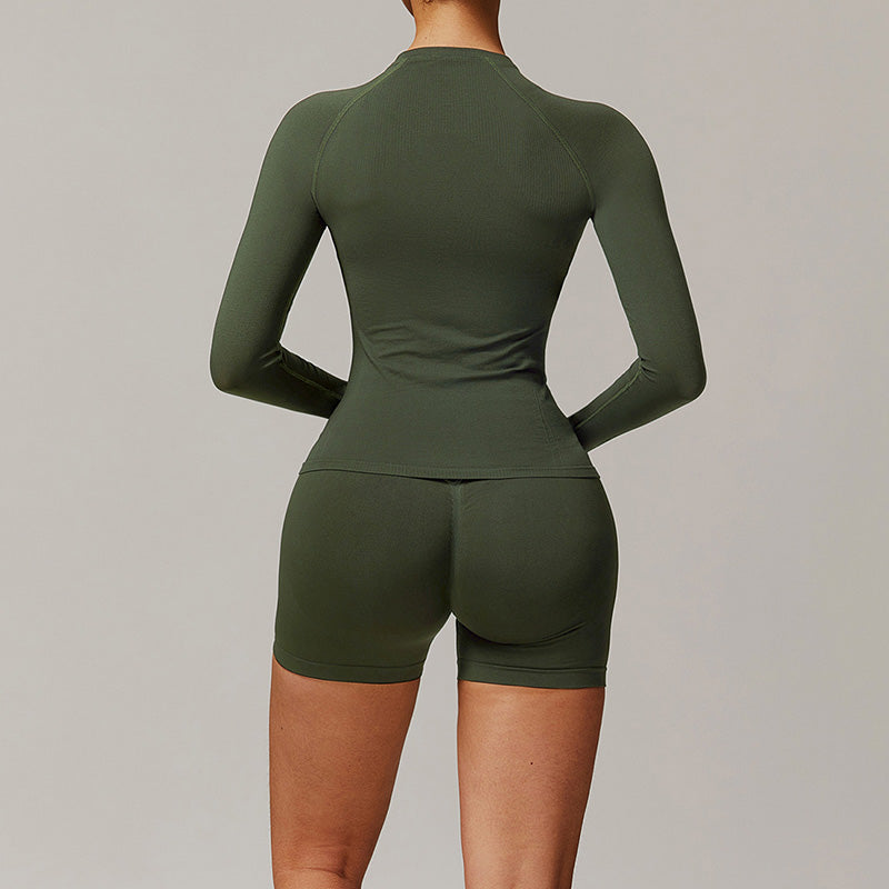 Threaded seamless long-sleeved top+ high waist shorts 2 pieces set