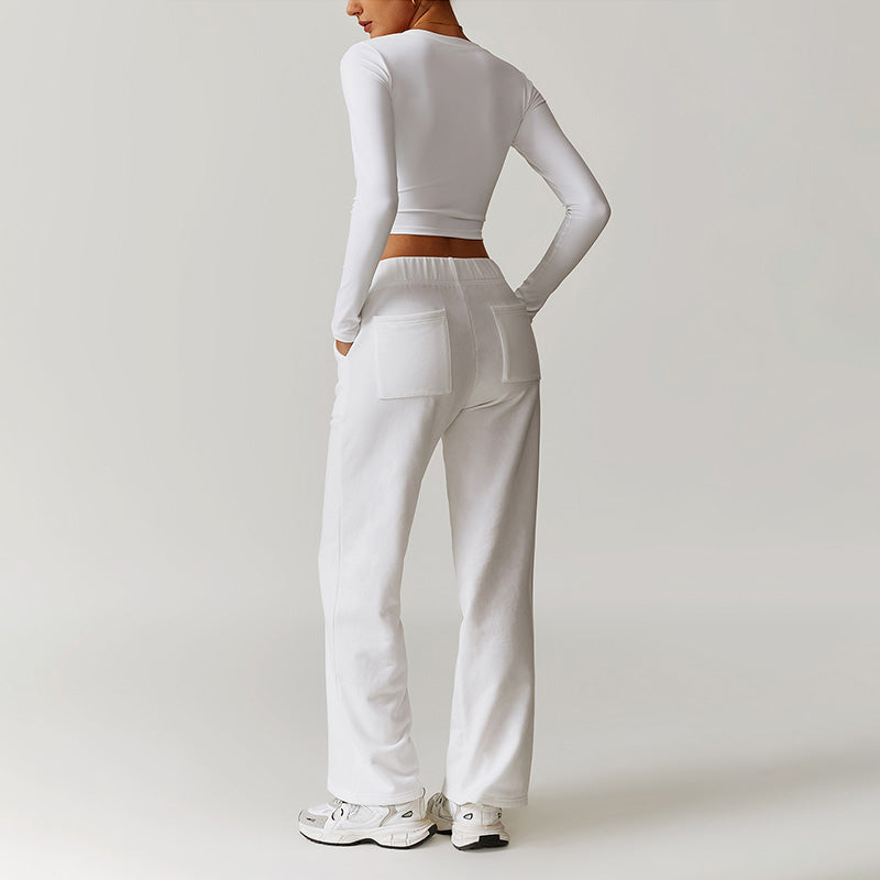 Casual high-waisted straight leg sweatpants and slimming long-sleeved Set