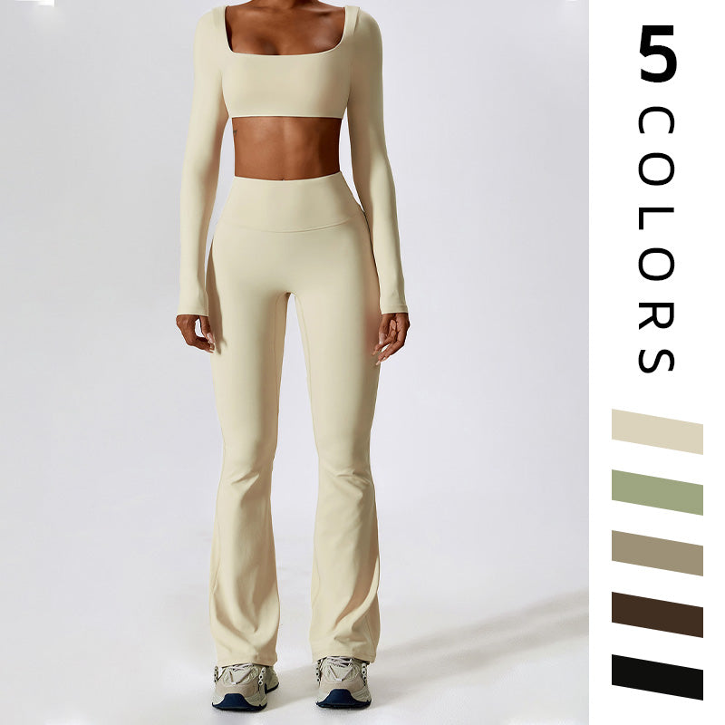 Solid color yoga fitness long sleeve + flared leg pants two-piece set