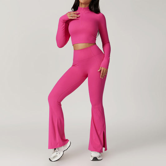 Breathable Solid Color Half Zipper Sports Long Sleeve + Flared Leg Pants 2-piece Set