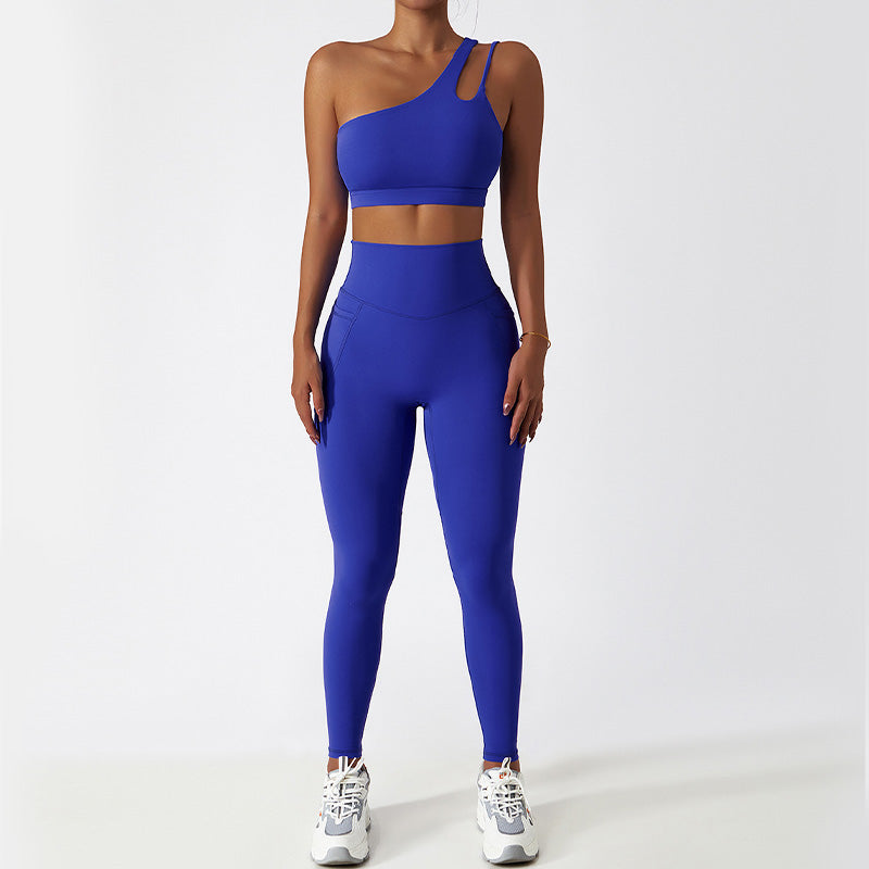 Quick-dry one shoulder sports bra + High waist leggings 2 pieces set