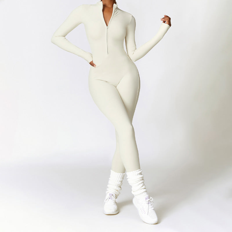 Nude Quick-Dry Stand Collar Zipper Fitness Jumpsuits