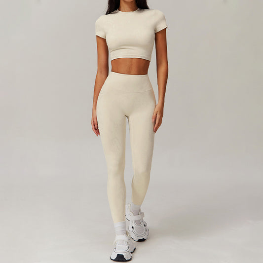 stand-up collar crop top + High-waisted leggings 2-piece set