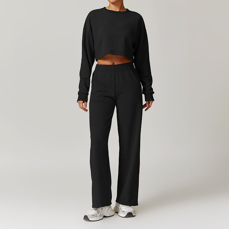 Casual high-waisted straight leg sweatpants and loose sweatshirts Set