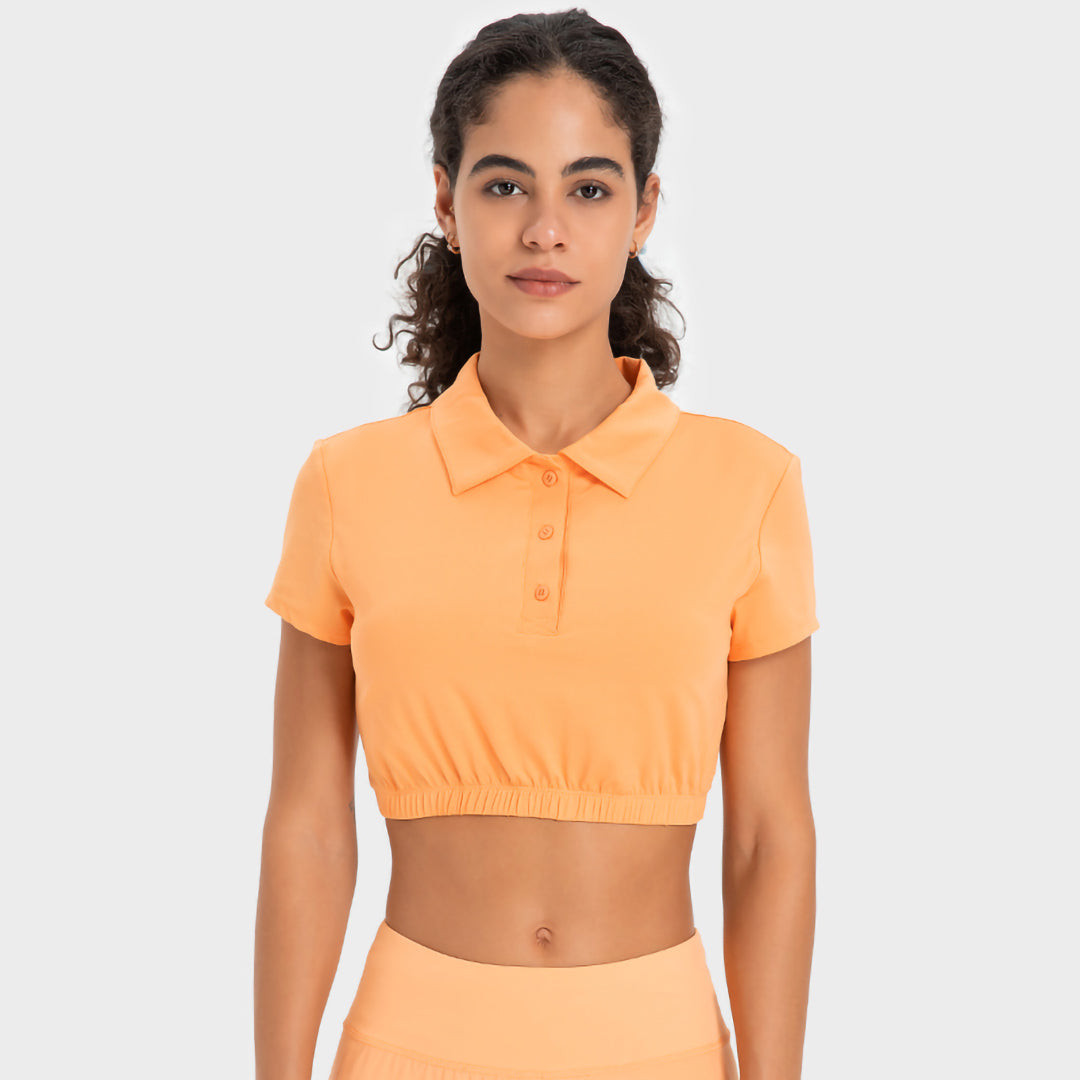 Lapel bottom cinched cropped polo shirt