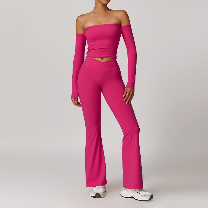 Brushed Off Shulder Long Sleeve Tube Top & High-Waist Flared Leg Pants Sets