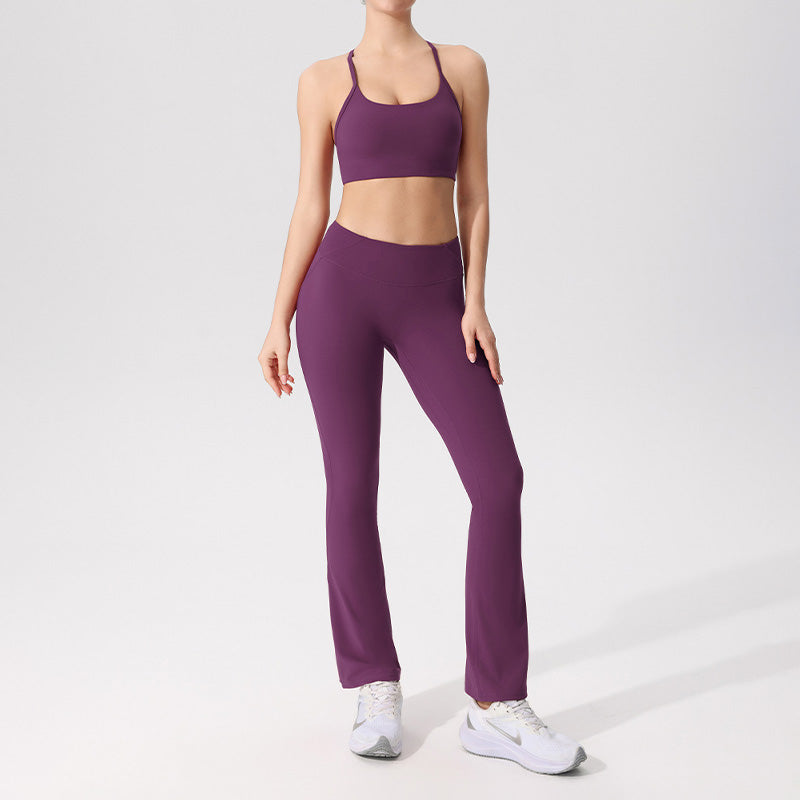 Cross-back Sexy Bra + High Resilience Pilates Flared Leg Pants 2-piece Set