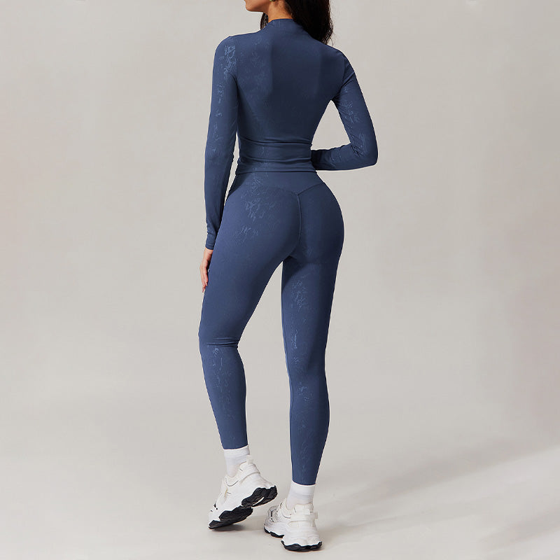 Long sleeve and stand-up collar top + High-waisted leggings 2-piece set