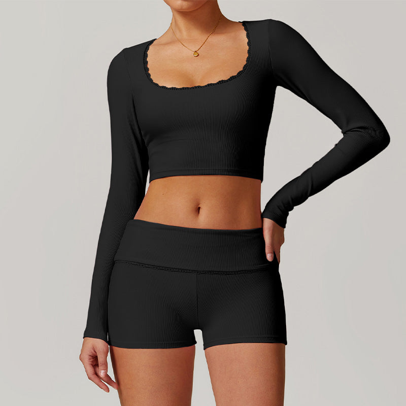 Quick-Dry Lace-trimmed Long Sleeve Yoga Crop Top