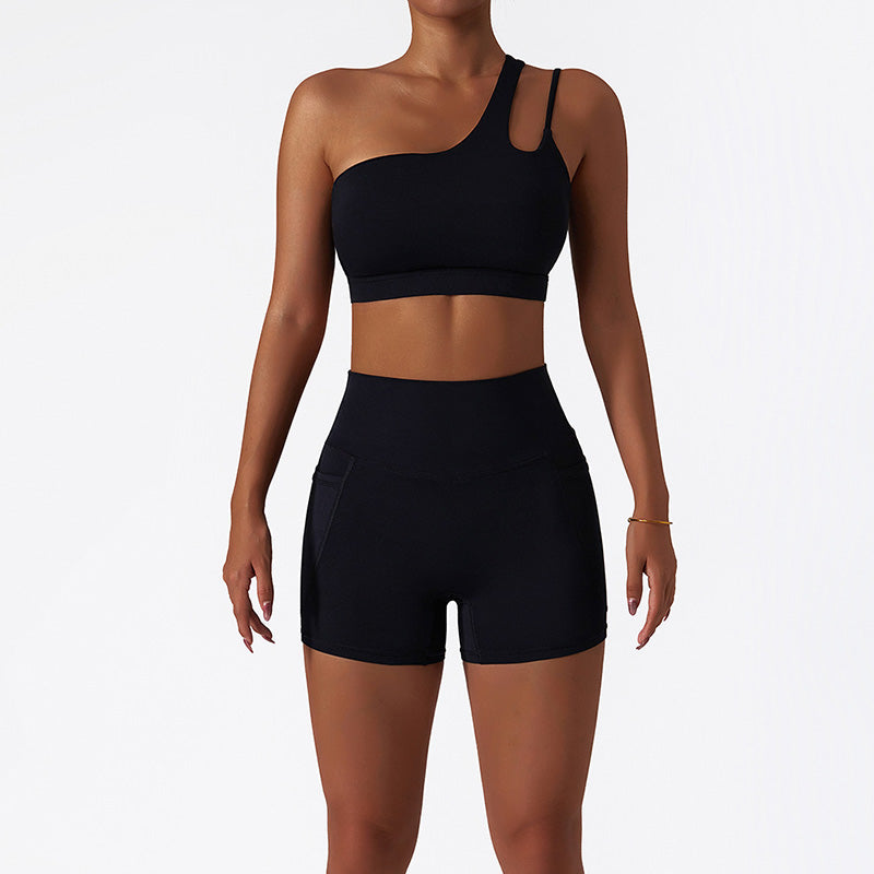 Quick-dry one shoulder sports bra + High waist shorts 2-piece set