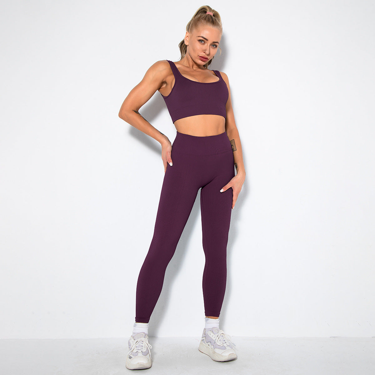 Knitted solid color sports bra + Legging 2-piece set