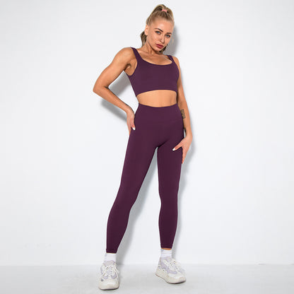 Knitted solid color sports bra + Legging 2-piece set