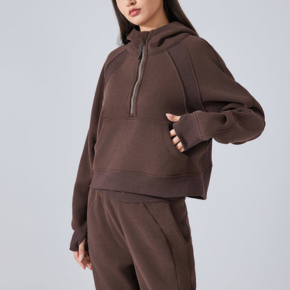 Velvet warm half zip hooded sweatshirt