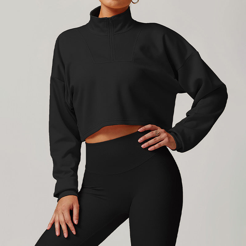 Loose Half Zipper Long Sleeve Crop Top Sweatshirt