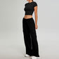 Short sleeve sports crop top + Straight Leg Cargo pants 2-piece set