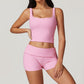 Lace-trimmed beauty back sports vest + shorts 2-piece set