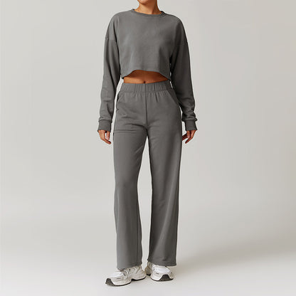 Casual high-waisted straight leg sweatpants and loose sweatshirts Set