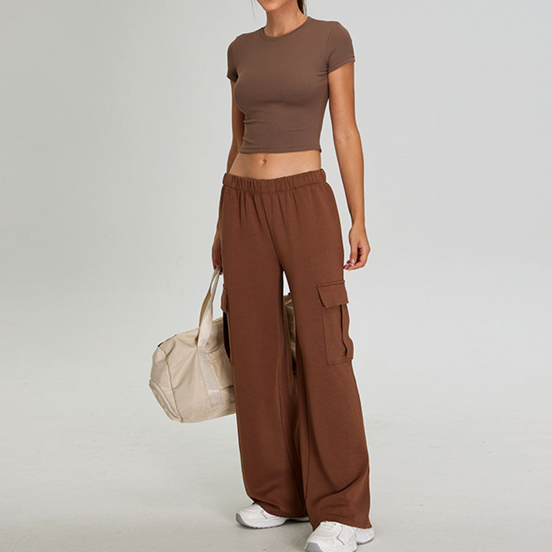 Short sleeve sports crop top + Straight Leg Cargo pants 2-piece set