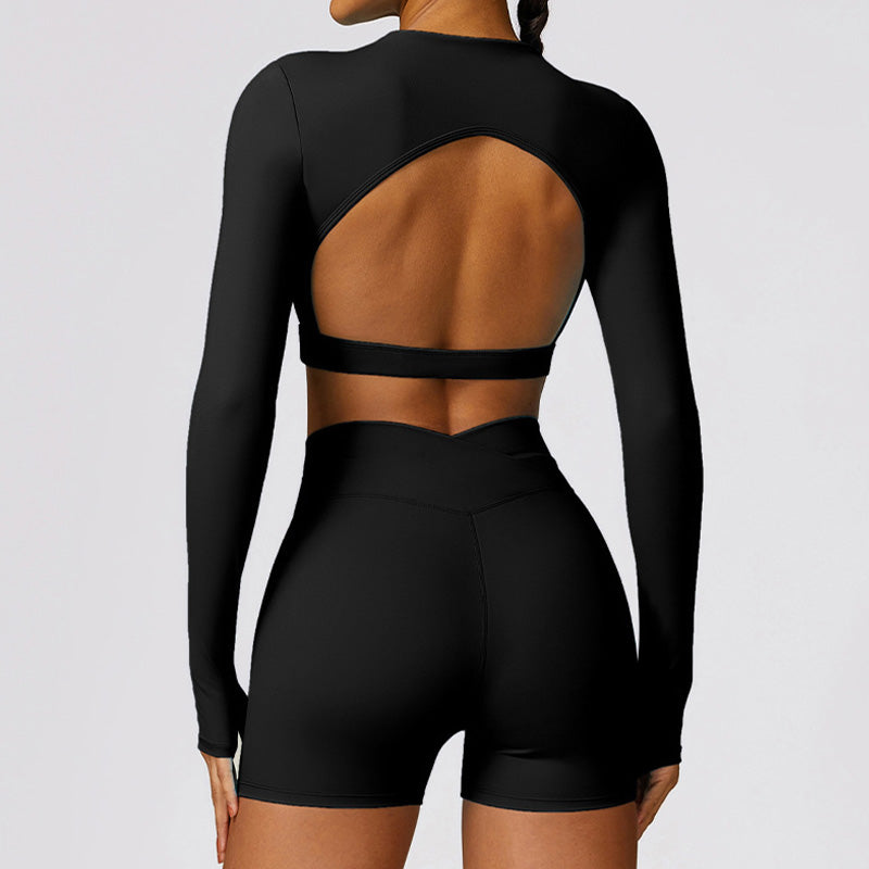 Quick-Dry long sleeve sports crop top + High waist shorts 2-pieces set