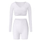 cross long sleeve sports crop top + high waist shorts 2-piece set