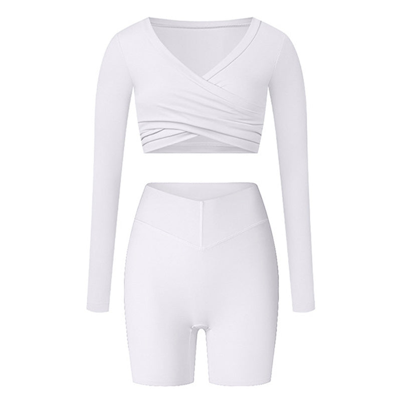 cross long sleeve sports crop top + high waist shorts 2-piece set