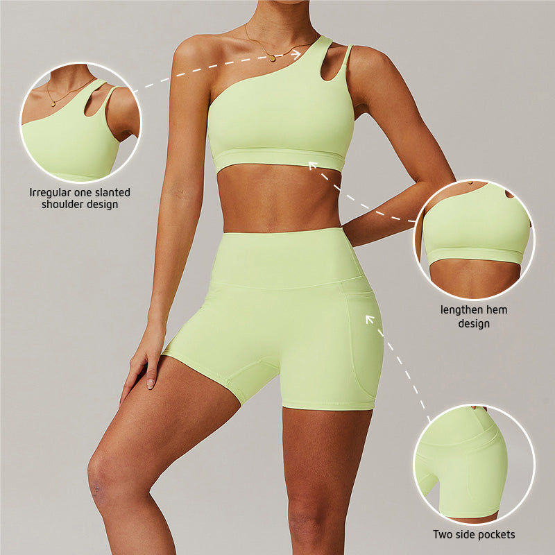 Quick-dry one shoulder sports bra + High waist shorts 2-piece set