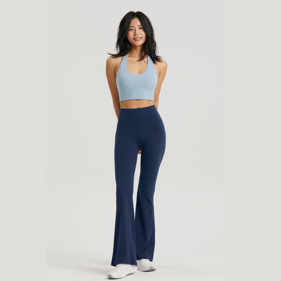 Solid color flared pants + sports bra 2-piece set