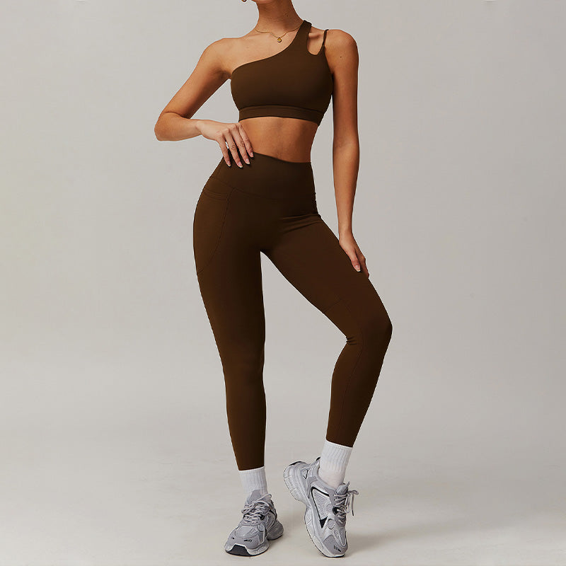 Quick-dry one shoulder sports bra + High waist leggings 2 pieces set