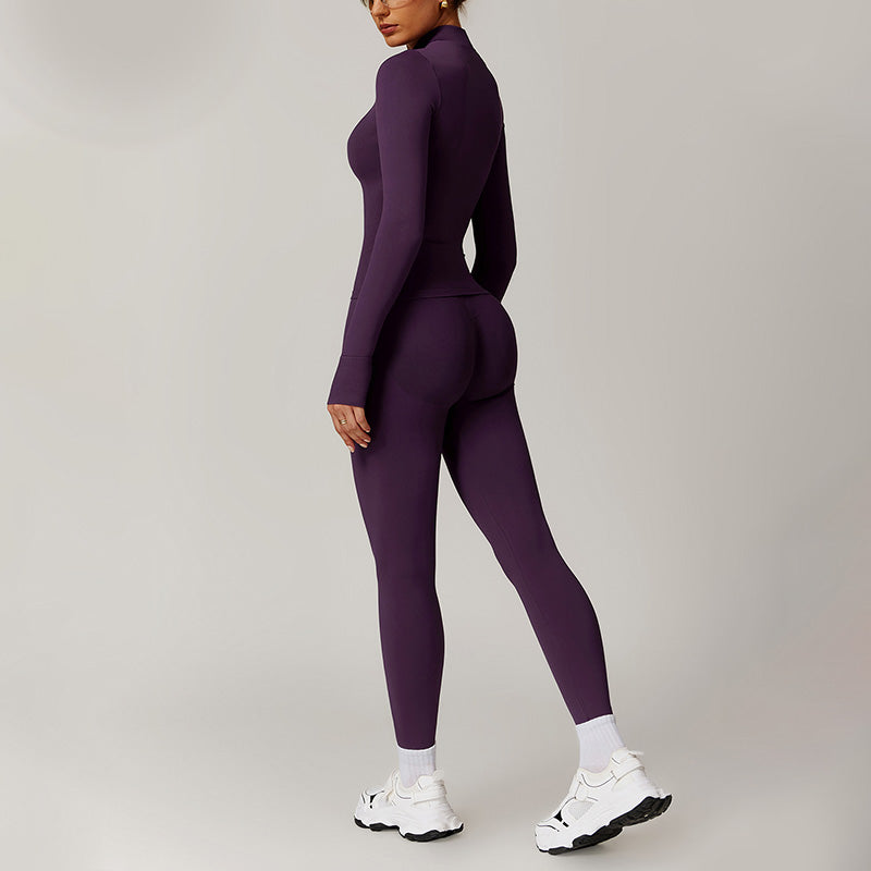 stand collar Full Zipper Fitness jacket + High waist leggings set