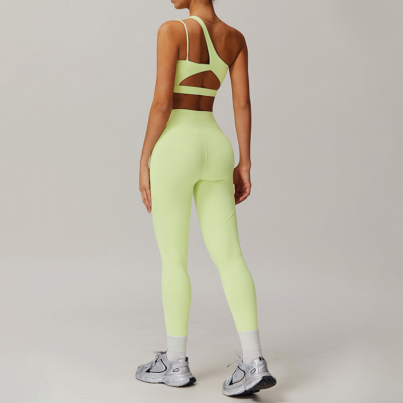 Quick-dry one shoulder sports bra + High waist leggings 2 pieces set