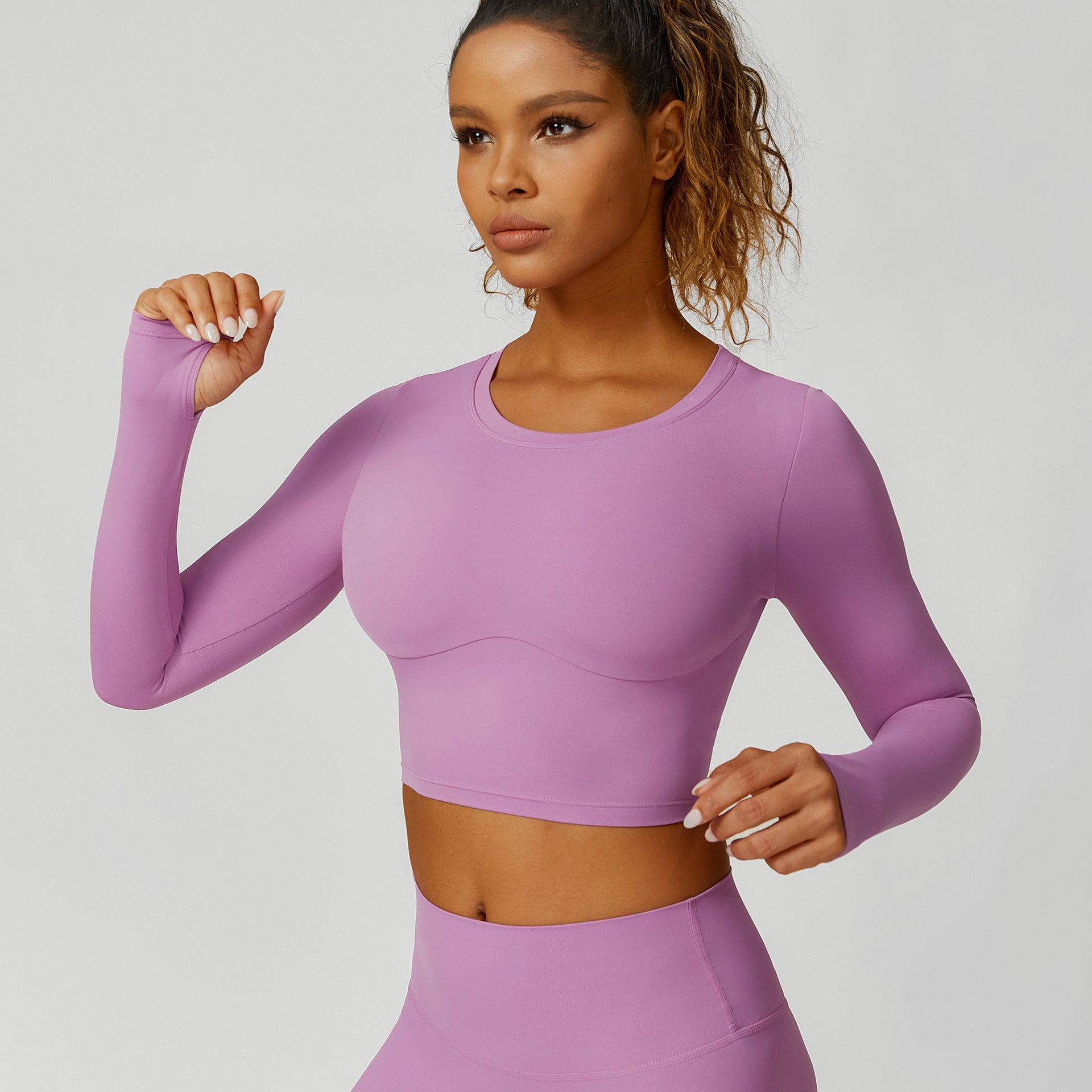 Cropped V-neck long sleeves and leggings 2-piece set