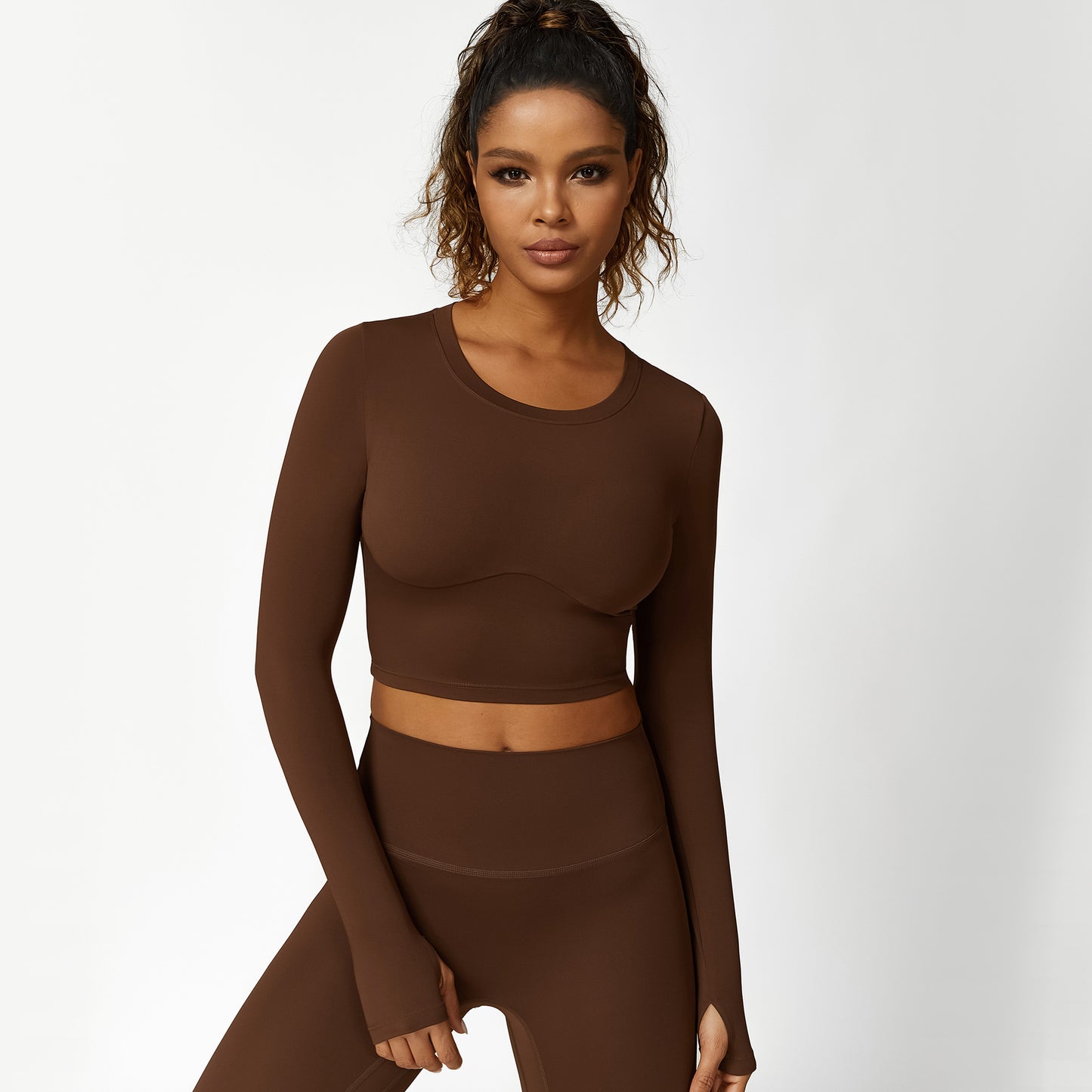 Cropped V-neck long sleeves and leggings 2-piece set