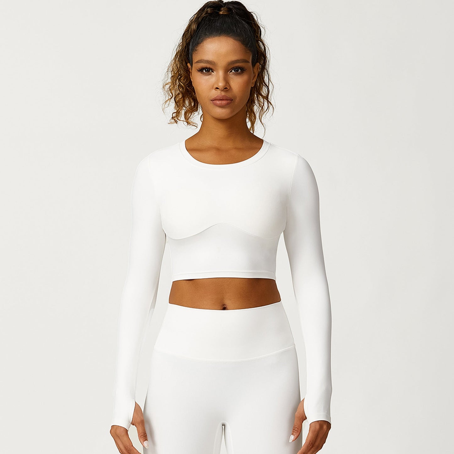 Cropped crew-neck long sleeves and leggings 2-piece set