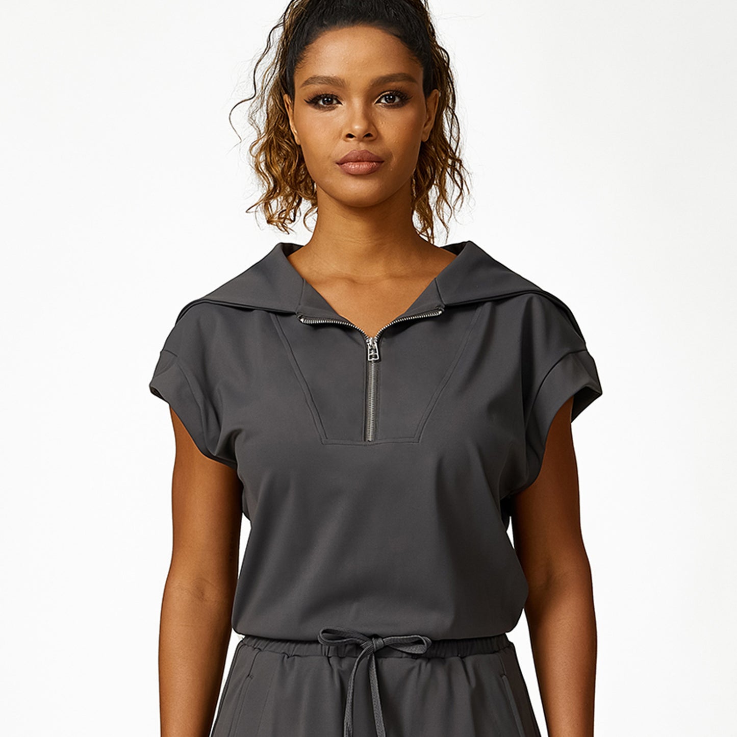 Front zippered lapel short sleeve and shorts 2-piece set