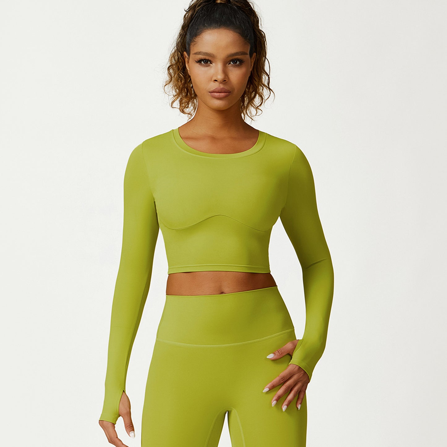 Cropped V-neck long sleeves and leggings 2-piece set