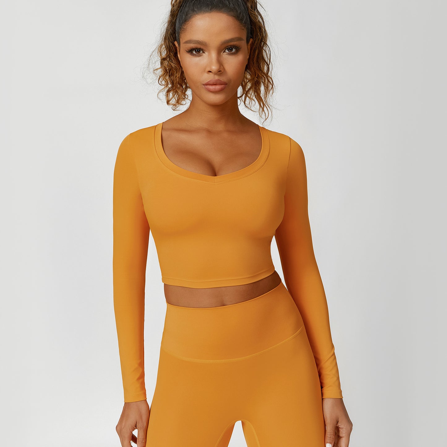 Cropped V-neck long sleeves and leggings 2-piece set