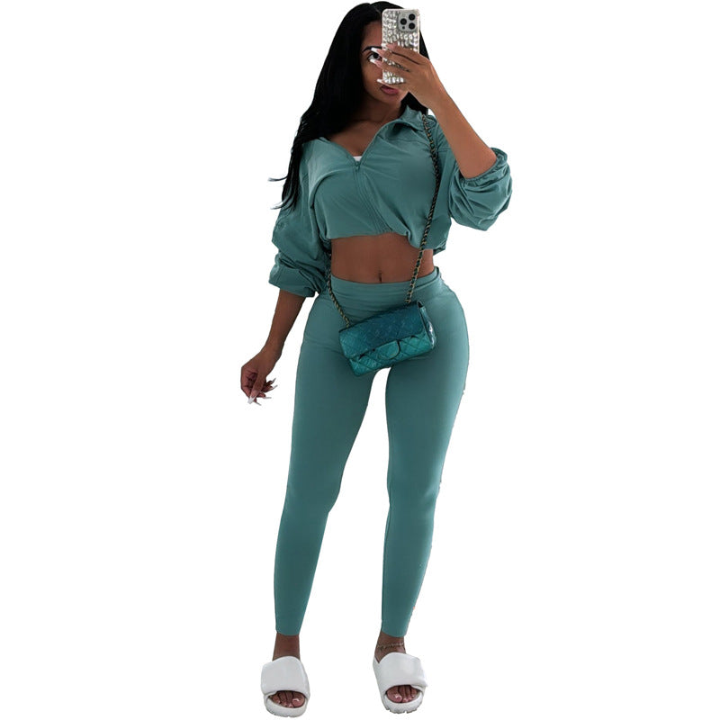 Drawstring Navel Long Sleeve Top + High Waist Tights Two-Piece Set