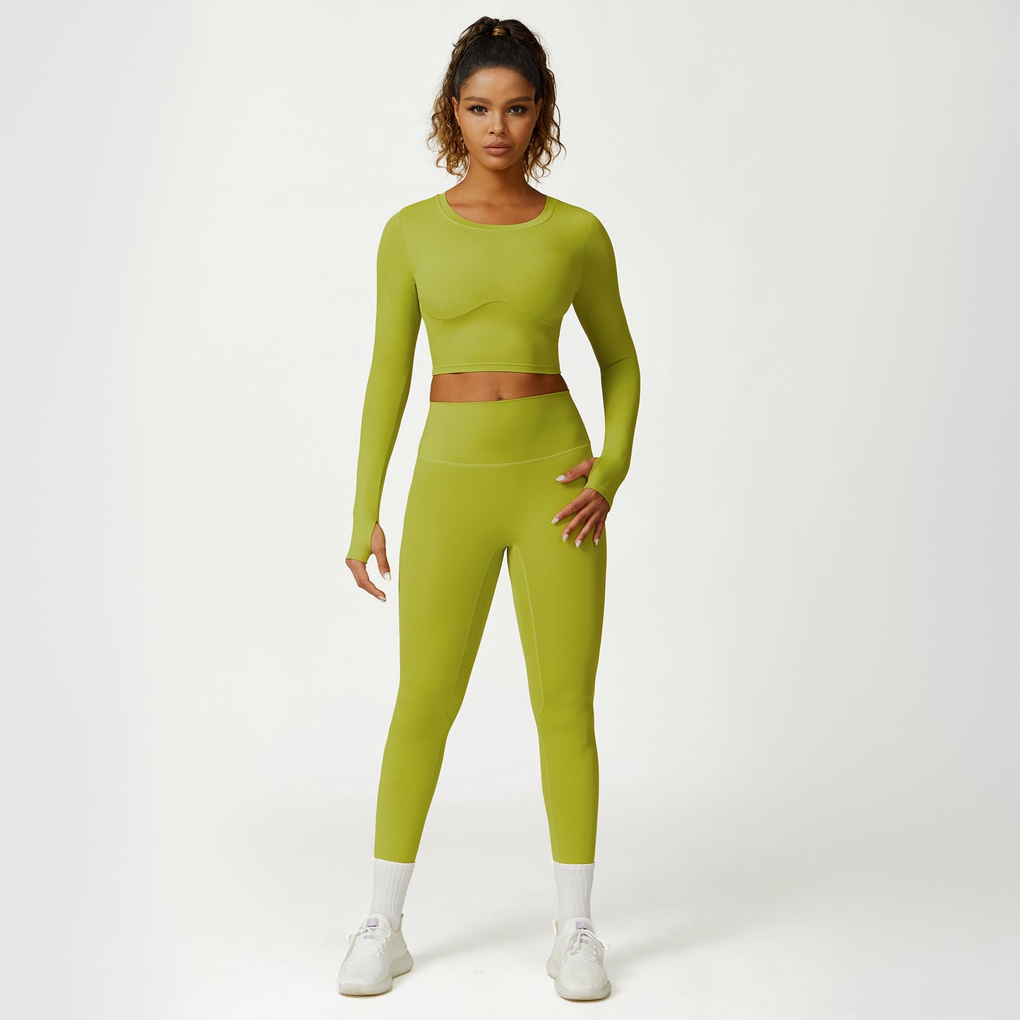 Cropped V-neck long sleeves and leggings 2-piece set