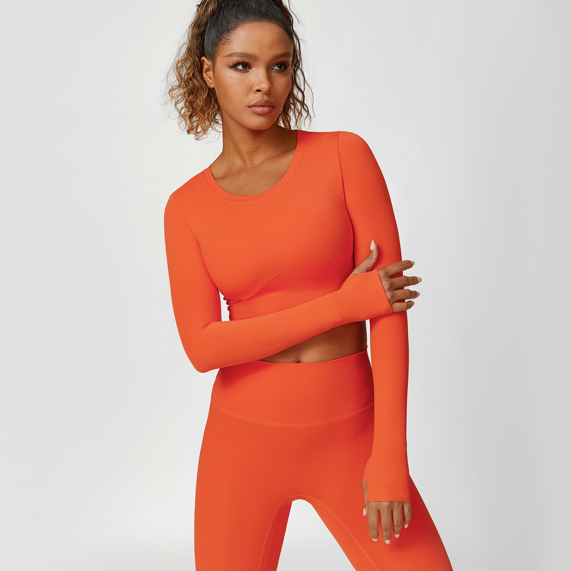 Cropped V-neck long sleeves and leggings 2-piece set