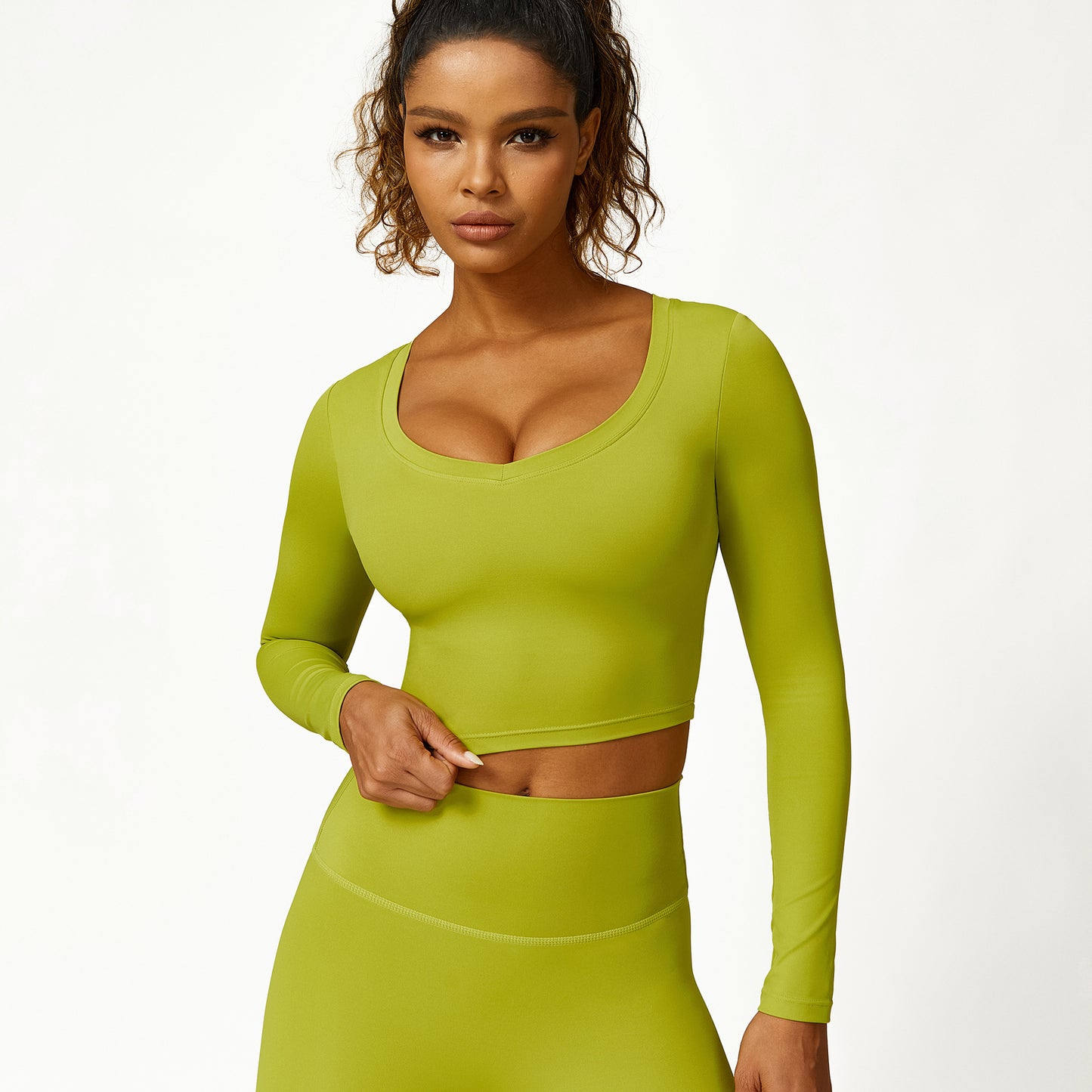 Cropped V-neck long sleeves and leggings 2-piece set