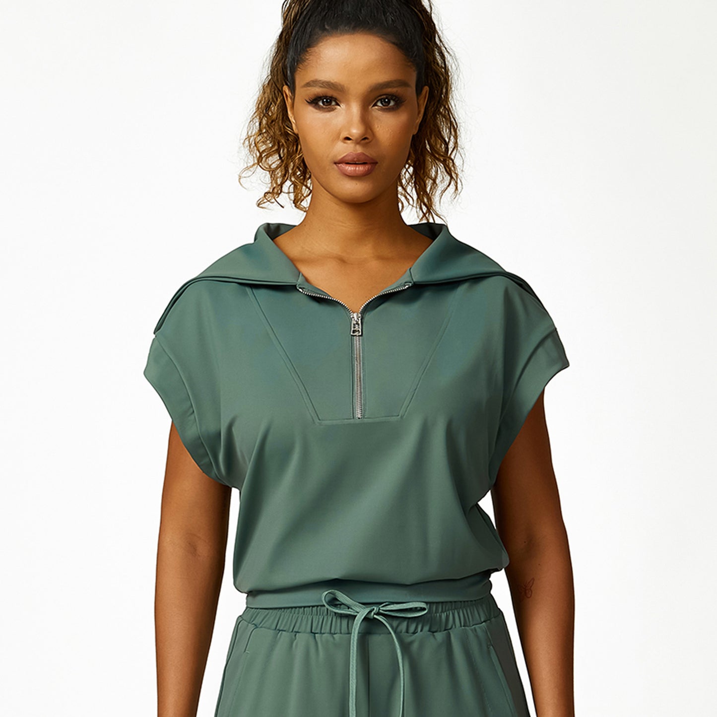 Front zippered lapel short sleeve and shorts 2-piece set