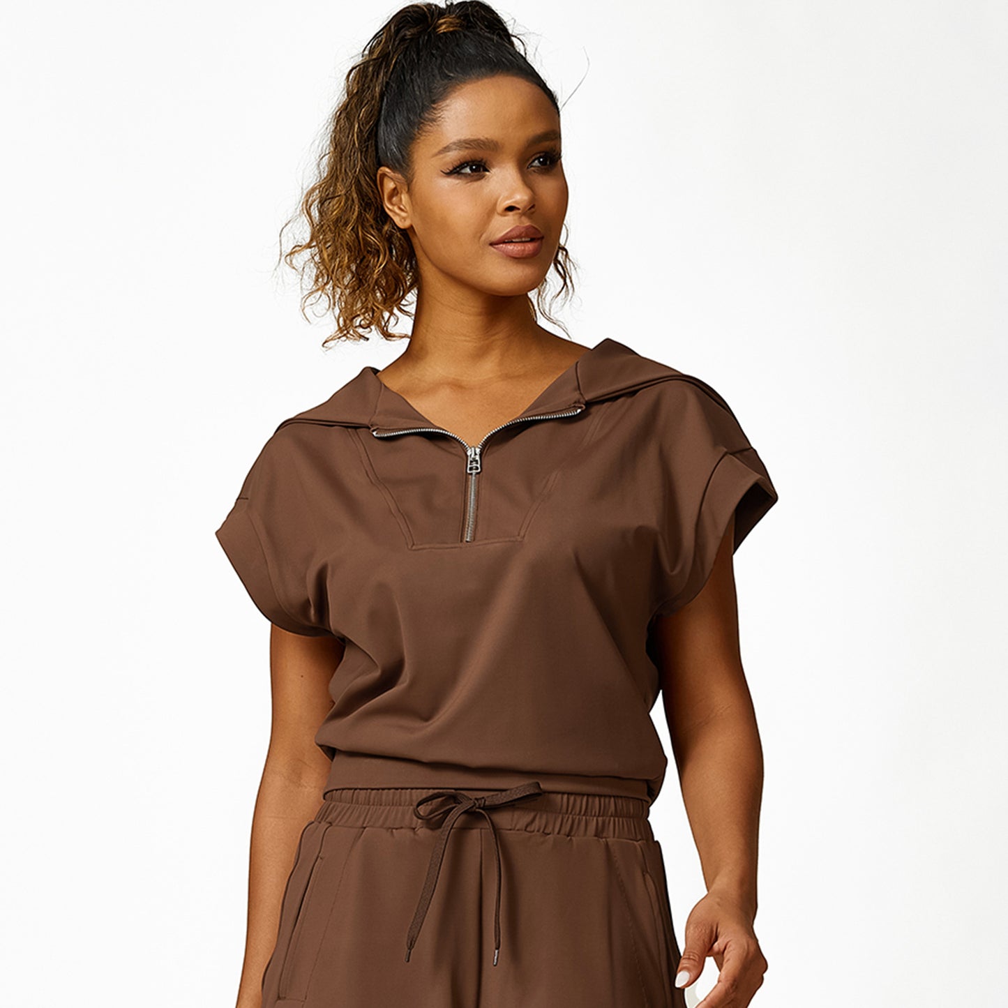 Front zippered lapel short sleeve and shorts 2-piece set