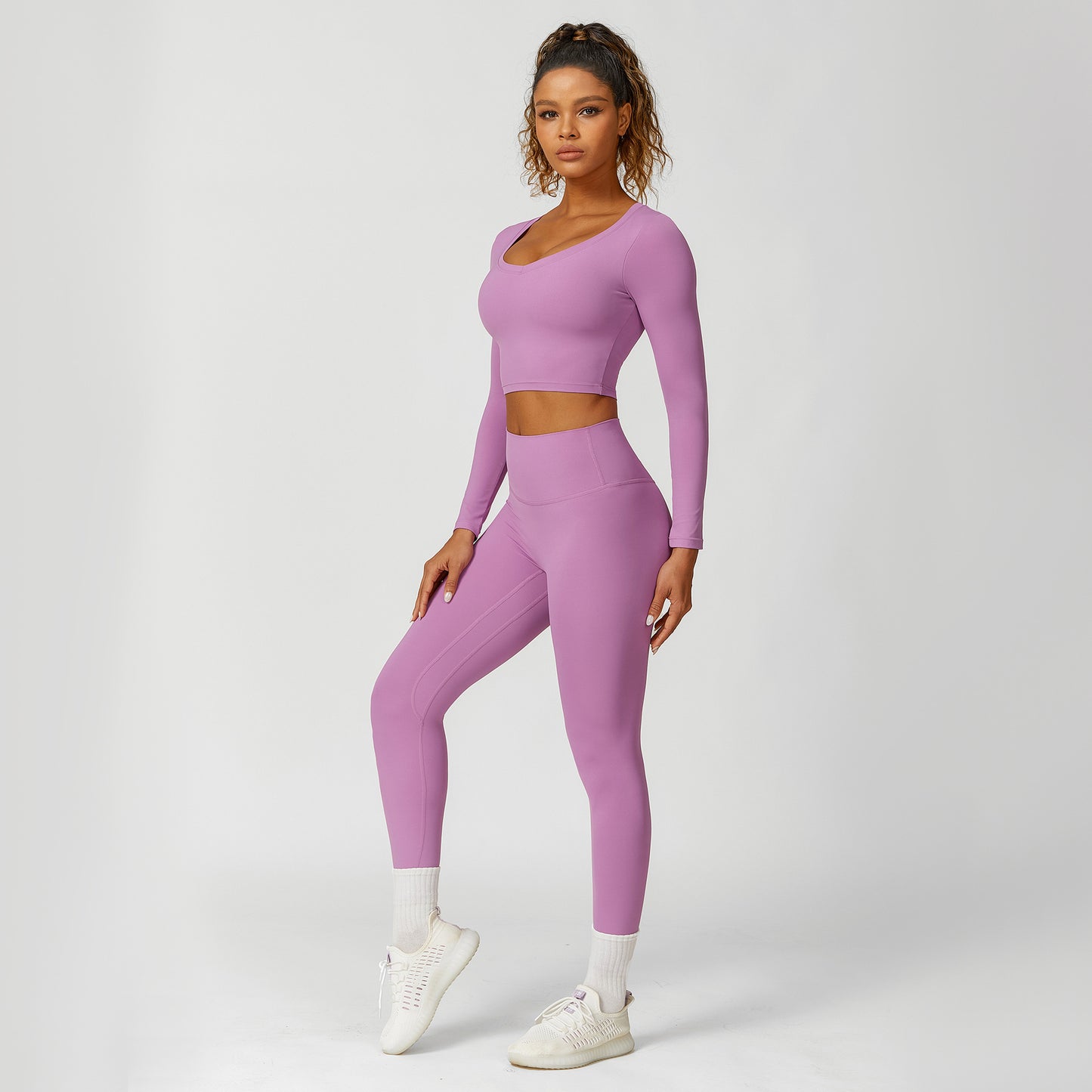 Cropped V-neck long sleeves and leggings 2-piece set