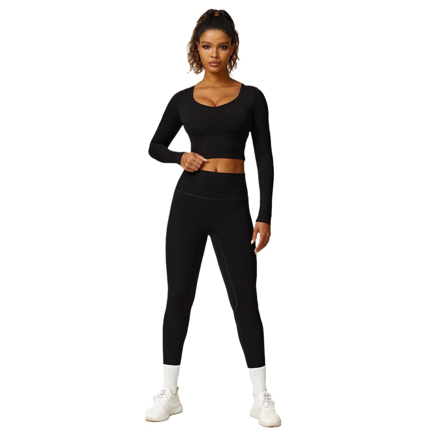 Cropped V-neck long sleeves and leggings 2-piece set