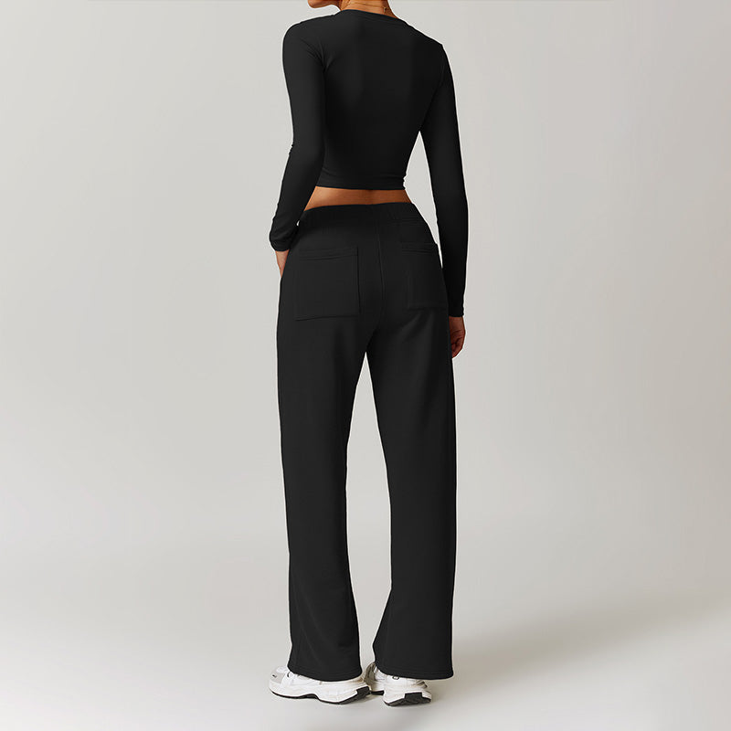 Casual high-waisted straight leg sweatpants and slimming long-sleeved Set